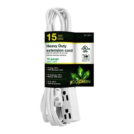 Gogreen SJT Extension Cord, 16 AWG, Indoor, 16/3, 3 Outlets, White, 15 ft GG-19615